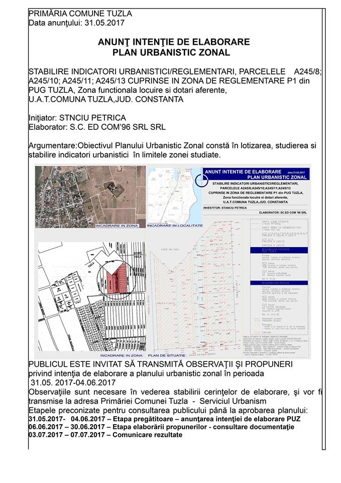 Anunt Intentie de elaborare PUZ